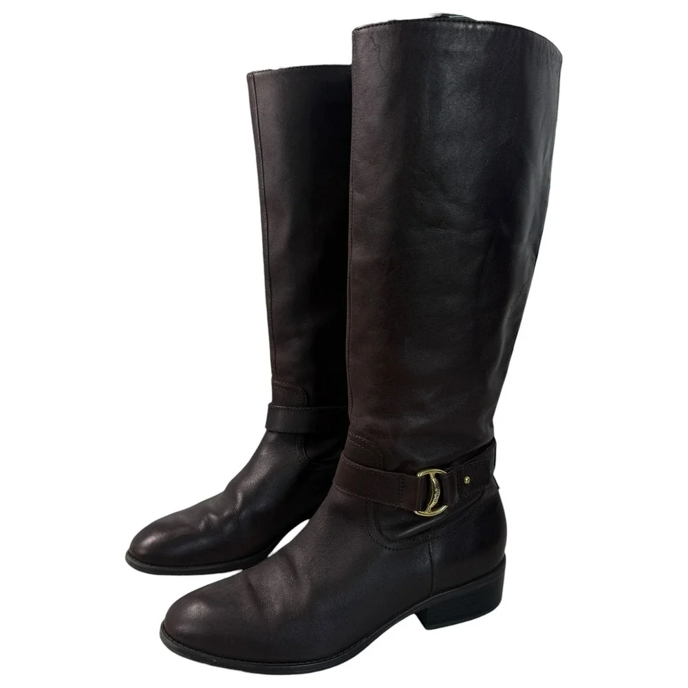 Lauren Ralph Lauren Womens Micah Dark Brown Leather Riding Boots Gold Buckle 9.5